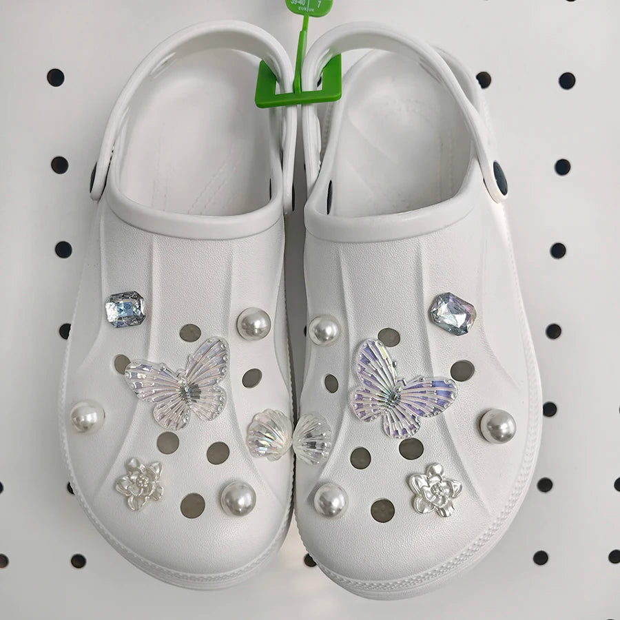 1 set 14pcs Transparent White Pearl Diamond Flower Shoes Decoration Charms Suitable For CROCS Clogs