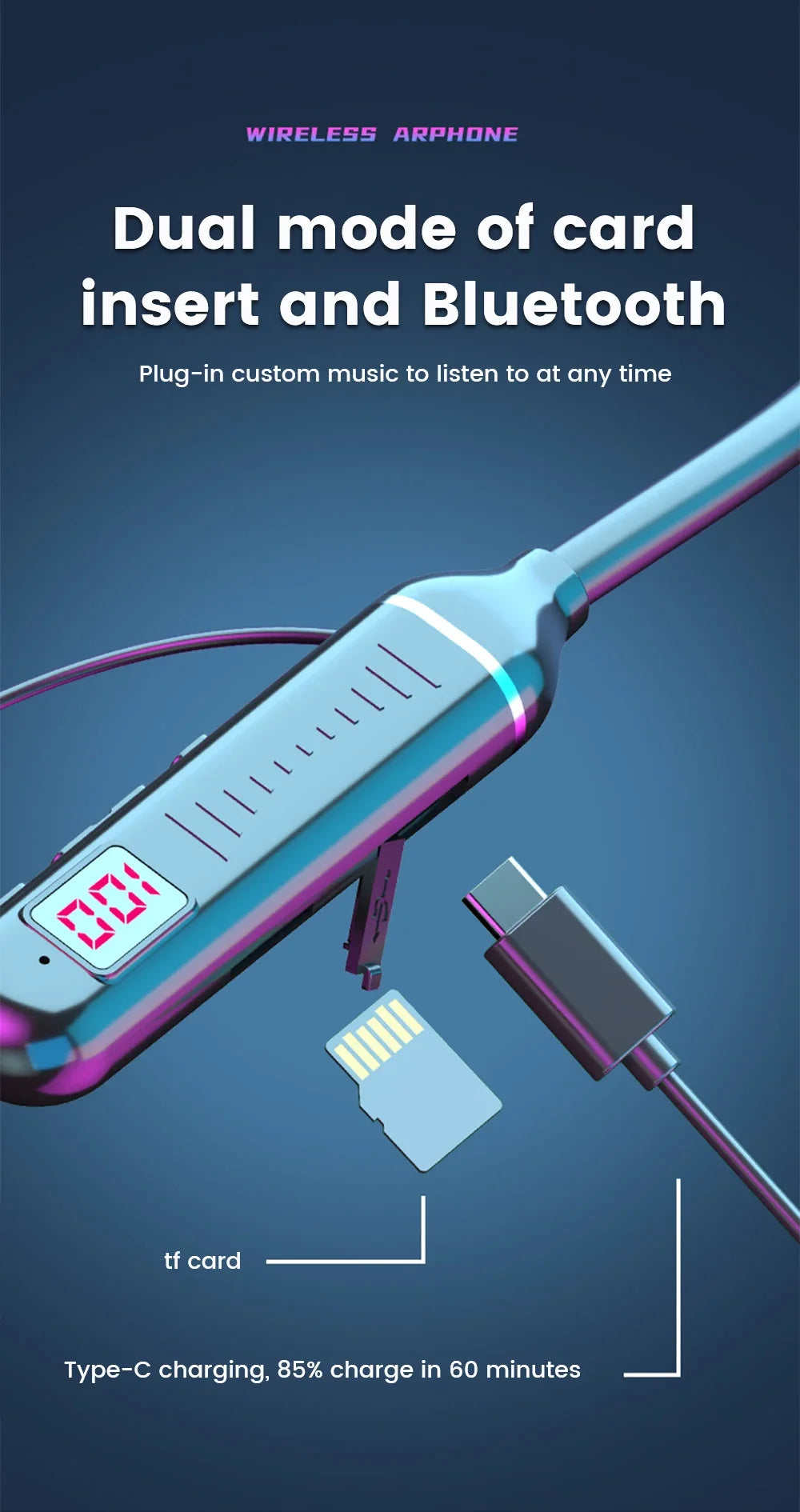 Wireless Headset 5.3 Neck Strap Headset Gaming LED display Stereo Sports headset with magnetic earbuds