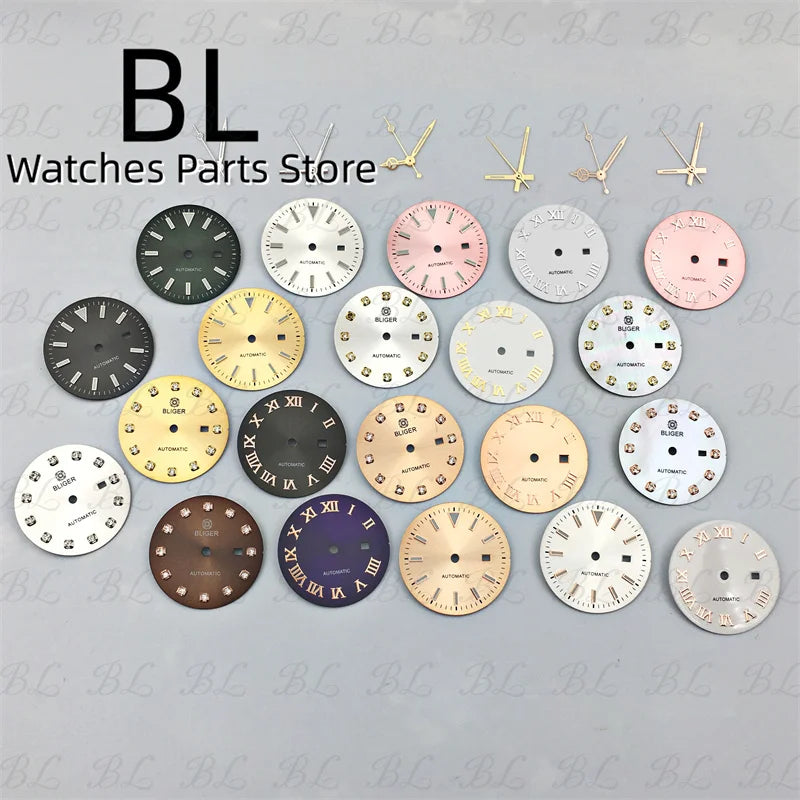 BLIGER 24.5mm Watch Dial Hand Set Sunburst Gray Rose White Mother Pearl Dial Roman Diamond Index Fit NH05 Movement Women Watches