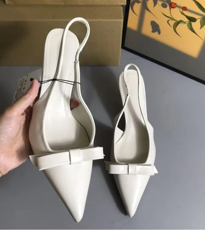 2025 Modern Office Shoes for Women White Black Wedding Slingback Pointed Toe Butterfly Decoration Female High Heeled Sandals