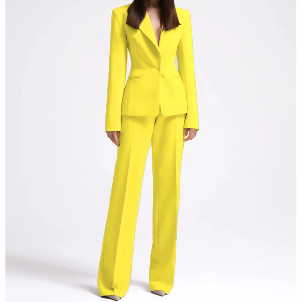 Office Lady Fashion Beige Women Suits One Button Peak Lapel 2 Piece Jacket Pants Slim Fit Smart Causal Conjuntos De Pantalones