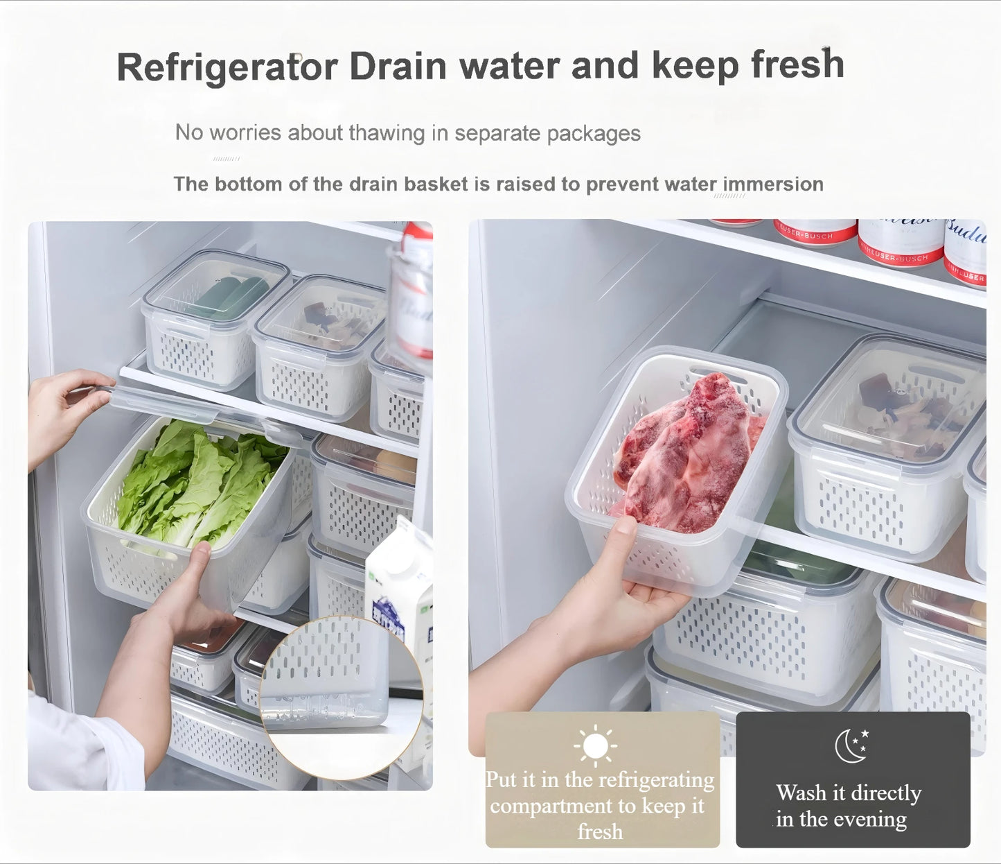 1- 3Pcs Refrigerator Organizer Boxes Fresh Fruit & Vegetable Keep - Fresh Containers with Draining Baskets Kitchen Storage Box