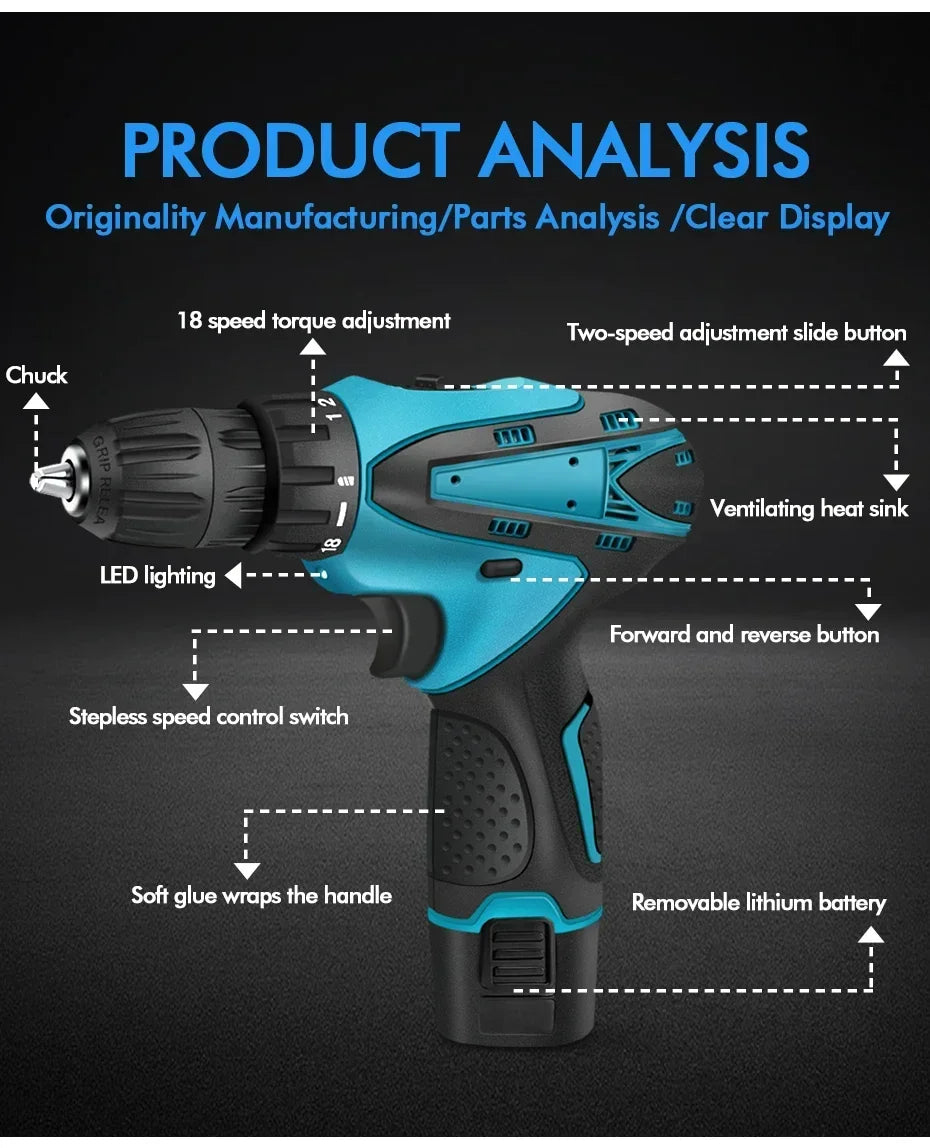 Rechargeable Lithium Battery Electric Hand Drill Electric Screwdriver Cordless Power Drills Home DIY Electric Drill