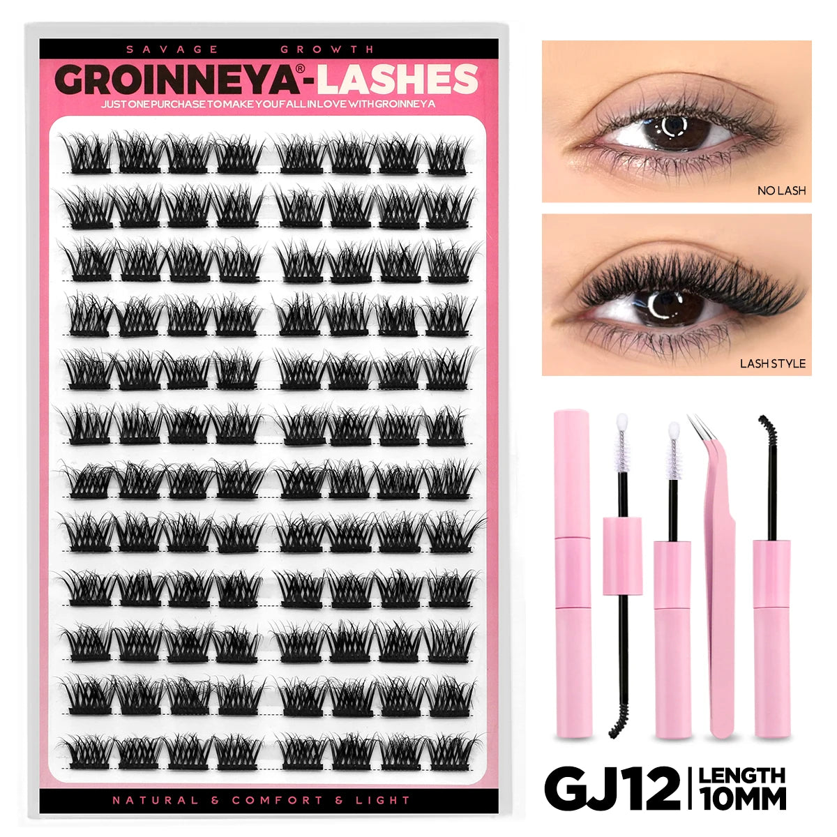 GROINNEYA Lash Clusters Kit DIY Lash Extension Volume Waterproof Individual Lashes Clusters Kit Lash Bond & Seal & Lash Tweezers