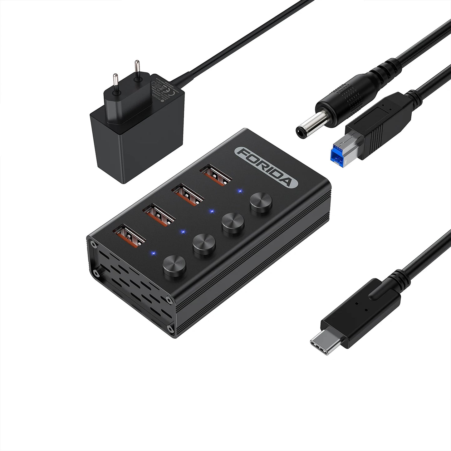 FORIDA USB C Hub 3.2 10Gbps 4/7 Port Aluminium Alloy Docking Stations Splitter LED Switches Adapter for MacBook Laptop Phone