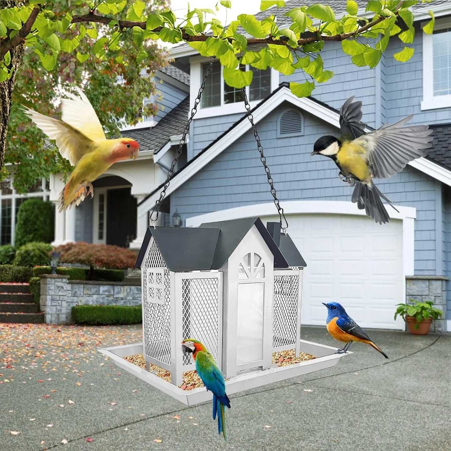 Bird Feeders For Outdoors Metal Bird Garden Feeders Rain/Wind-Proof Cottage Bird Feeder Large-Capacity Bird Food Feeder