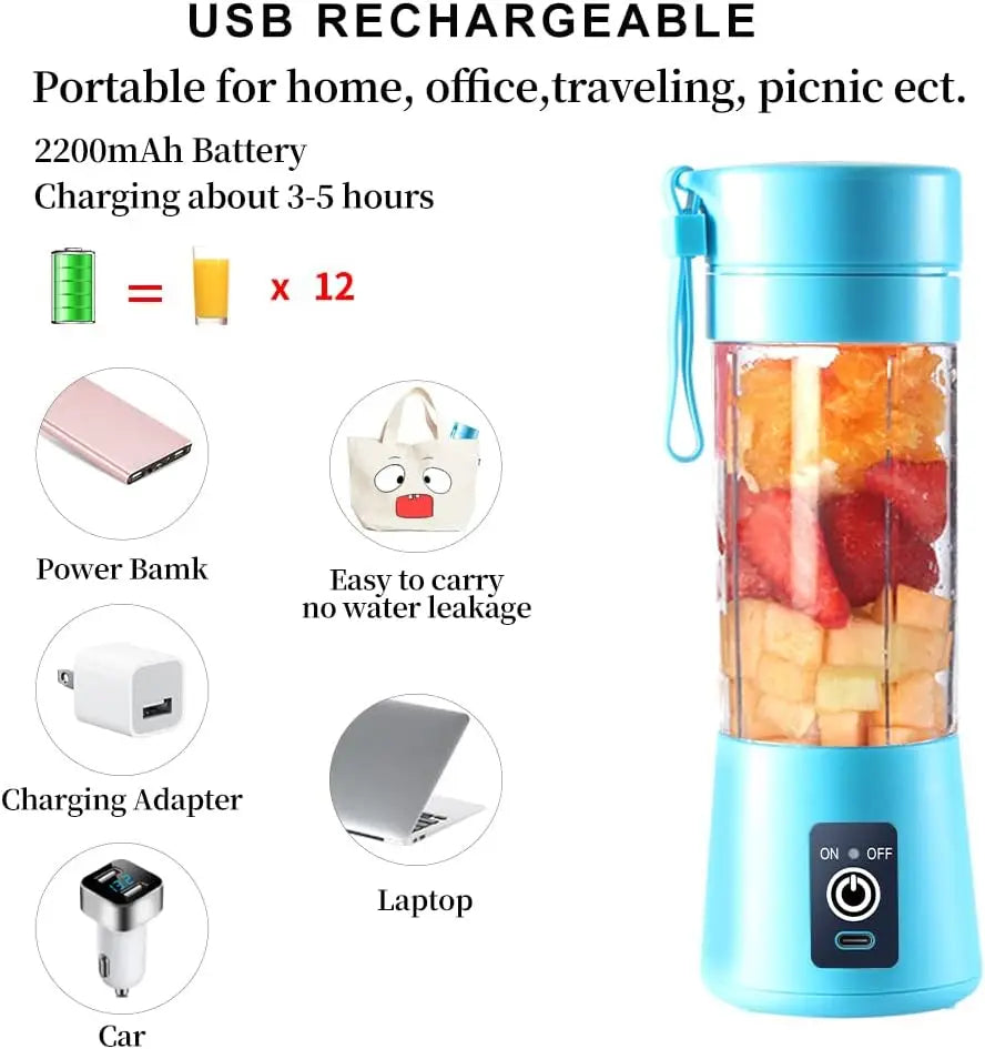 Portable Electric USB Juicer Blender Cup - Mini Blender for Shakes, Smoothies & Juice - 380ml, Six Blades - Blue