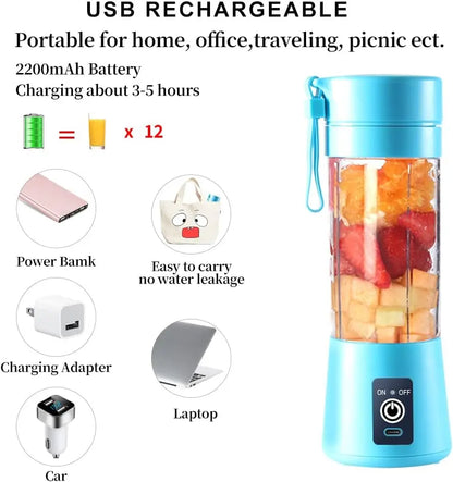 Portable Electric USB Juicer Blender Cup - Mini Blender for Shakes, Smoothies & Juice - 380ml, Six Blades - Blue