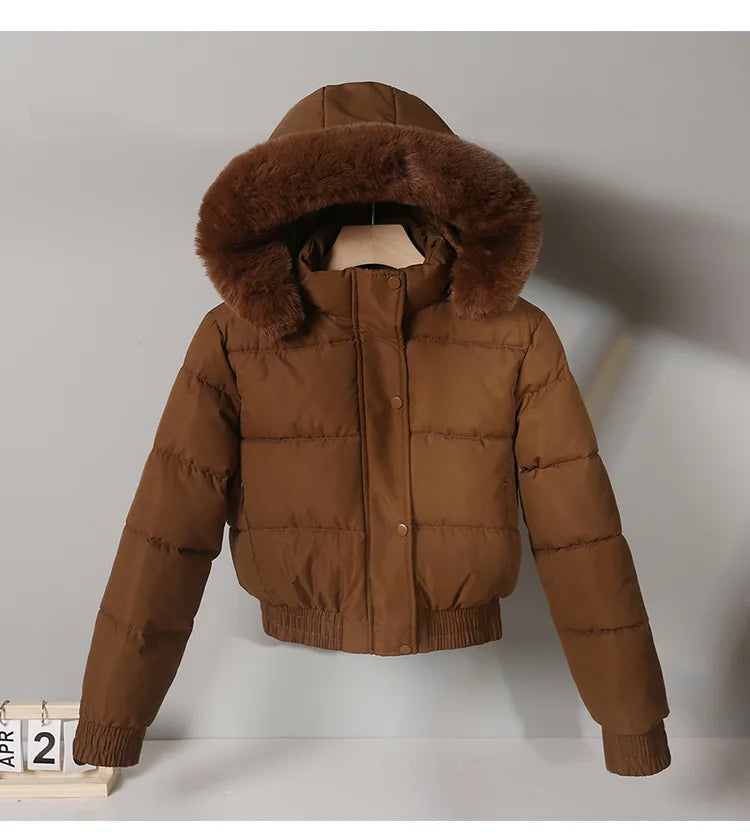 2024 Quilted Hooded Down Jacket Women's Winter Thick Cotton Coat Warm Bakery Coats Big Fur Collar Loose Cotton Coat