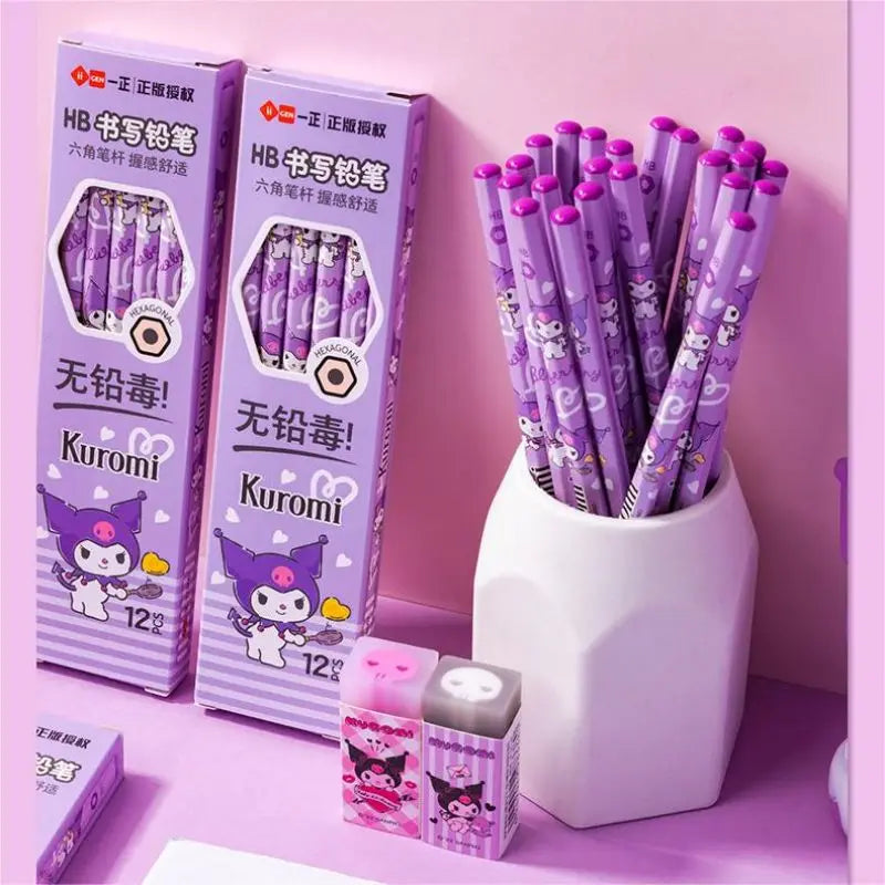 12pcs/set Sanrio Series Kuromi Hexagonal Writing Pencil Cute Student Pencil Creative Writing Pencil School Student Stationery