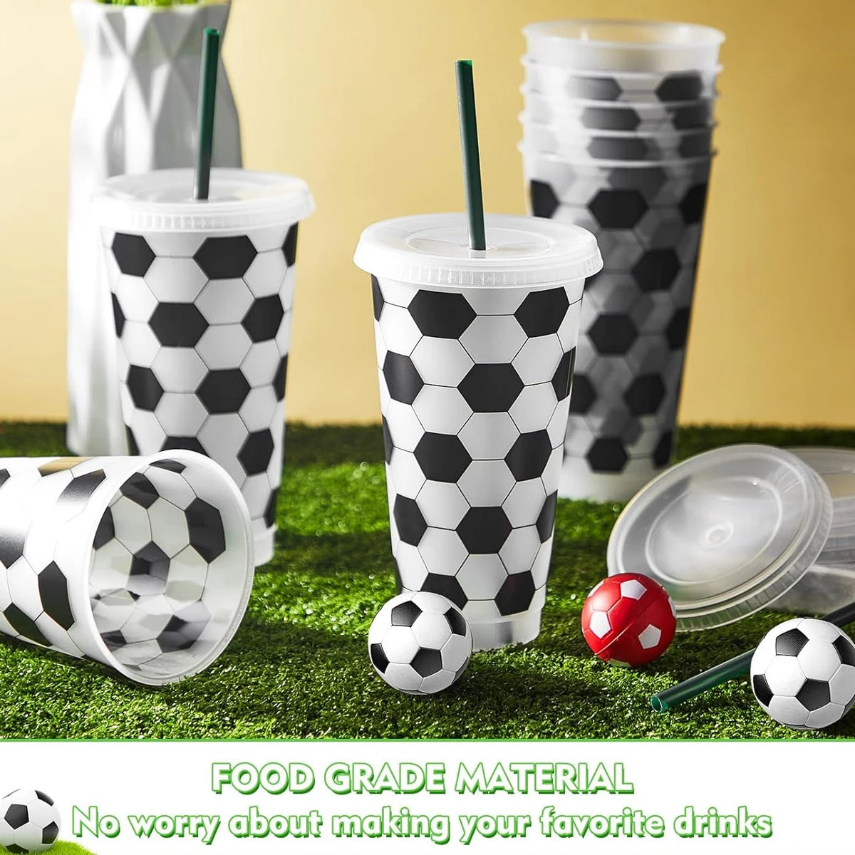 6Pcs Reusable Plastic Soccer Cups with Lid and Straw Soccer Gift Cups for Favors Soccer Sports Themed Party Decoration Supplies