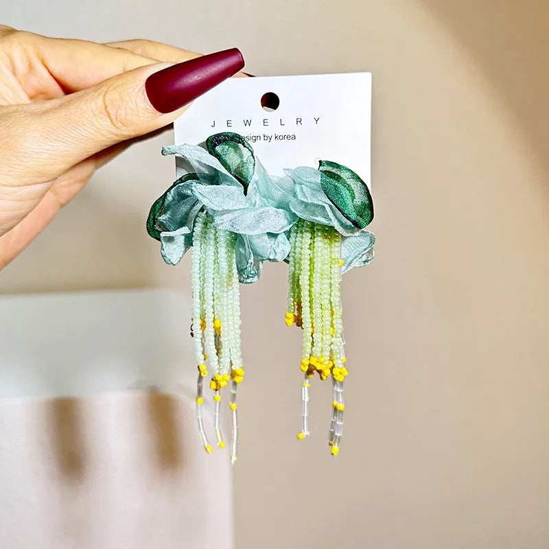 Bohemian Fabric Long Flower Earrings Big Statement Earrings Fringe Beads Drop Earrings Women Jewelry Handmade Vintage Earrings