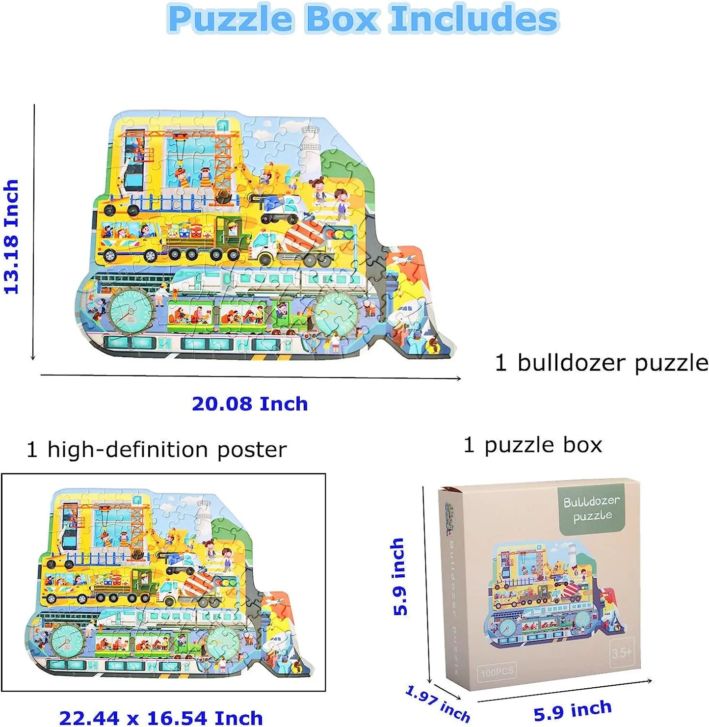 Puzzles for Kids Ages 4-10,100 Piece Puzzles for Kids Bulldozer Construction Vehicles Shaped Jigsaw Puzzle Christmas Birthday Gi
