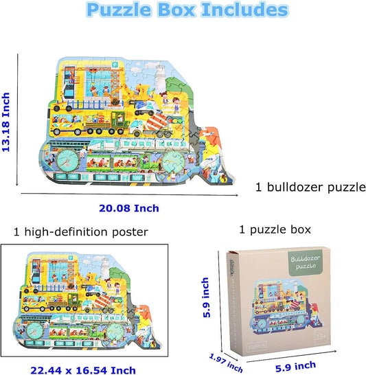 Puzzles for Kids Ages 4-10,100 Piece Puzzles for Kids Bulldozer Construction Vehicles Shaped Jigsaw Puzzle Christmas Birthday Gi