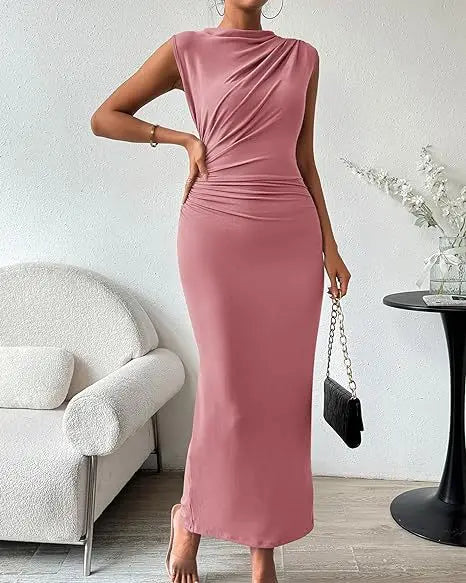 Women's Ruched Bodycon Dress Summer Casual Sleeveless Back Slit Elegant Club Evening Party Cocktail Maxi Dresses