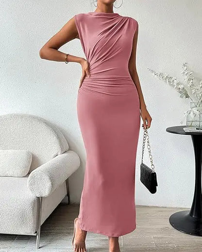 Women's Ruched Bodycon Dress Summer Casual Sleeveless Back Slit Elegant Club Evening Party Cocktail Maxi Dresses