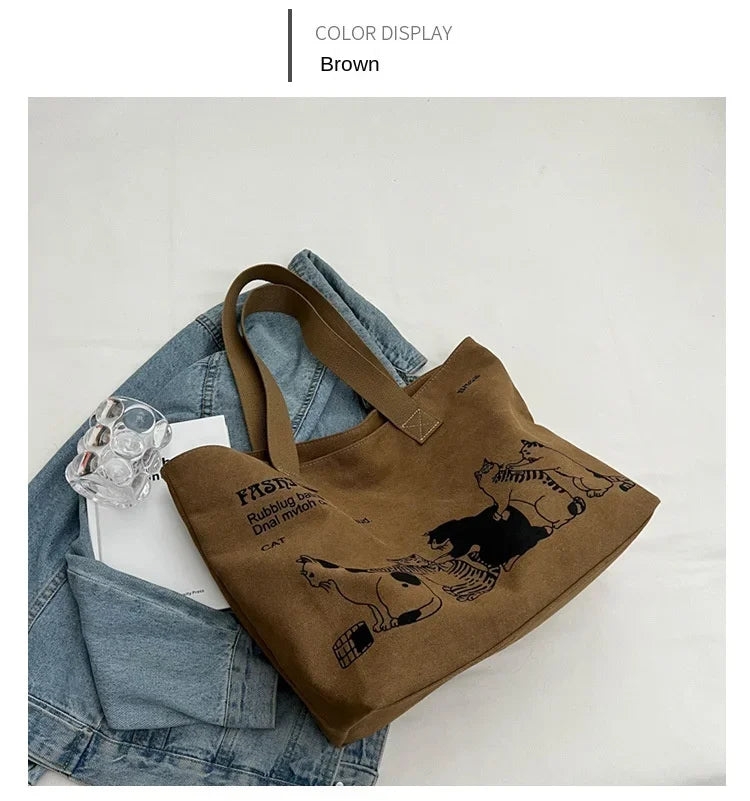 Canvas Totes Large Capacity Storage Handbag Women Tote Anime Cat Letters Shoulder Bags Girls Casual Commute Bag Portable Big Bag