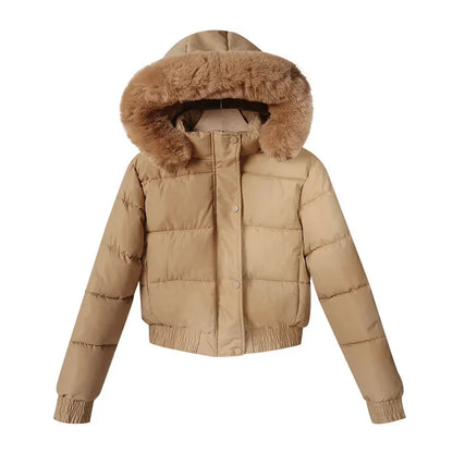 2024 Quilted Hooded Down Jacket Women's Winter Thick Cotton Coat Warm Bakery Coats Big Fur Collar Loose Cotton Coat
