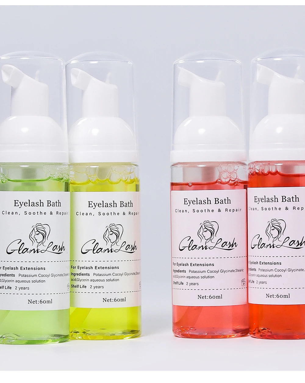 GLAMLASH 60ml No tears Formula Fruit Scent Eyelash Foam Cleanser For Lash Extension Shampoo Pump Press Lash Washing Bottles