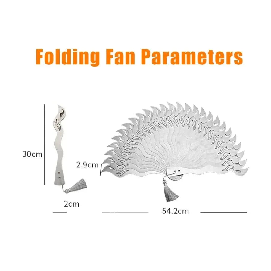Chinese Fine Metal Antique Fan Hollow Self-Defense Kung Fu Tai Chi Fans Portable Men Stainless Steel Folding Fan Home Decor