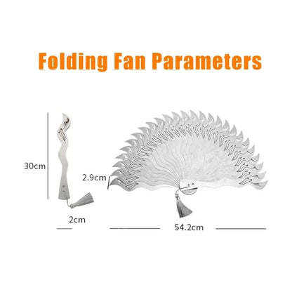 Chinese Fine Metal Antique Fan Hollow Self-Defense Kung Fu Tai Chi Fans Portable Men Stainless Steel Folding Fan Home Decor