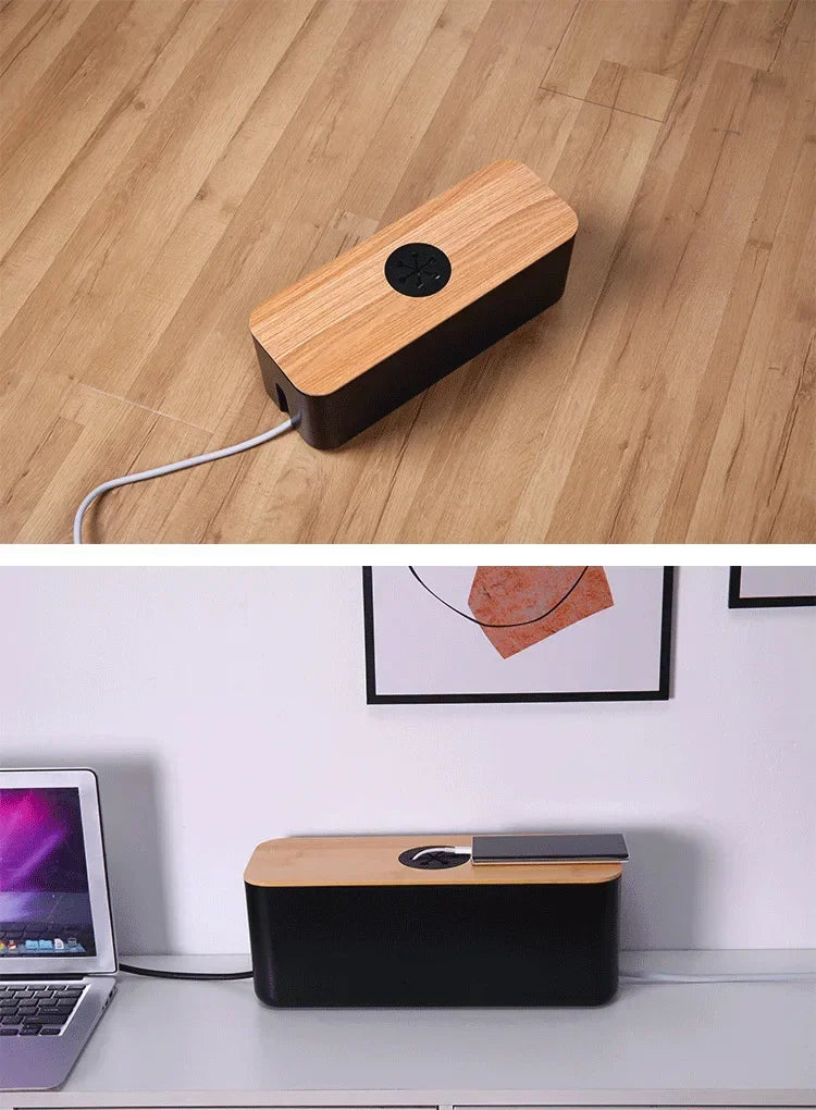 Cable Storage Box Power Strip Case Wooden Power Line Wire Management Organizer Anti-Dust Charger Socket Network Line Storage Bi