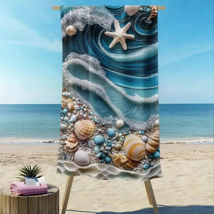 Beach Towel with Ocean Waves and Seashells - Dive into Summer! Suitable for towels, bath towels, beach towels
