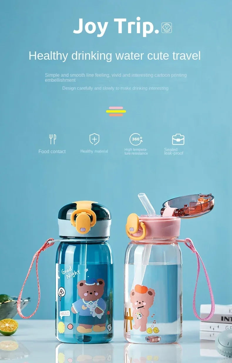 Kids Cartoon Water Sippy Cup with Straw Cute Bear Leakproof Water Bottles Outdoor Portable Drink Bottle Children's Lovely Cup