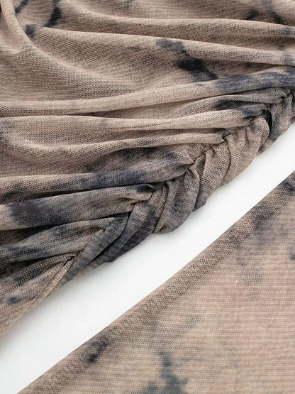 Tangada 2024 Women Print Pleated Mesh Dress Long Sleeve Sexy Famle Stand Collar Maxi Dresses 3H406