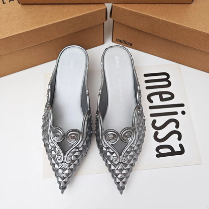 Women Sandals 2025 Spring Melissa Woman Slingback Shoes Fashion Ladies High Heels Elegant Med Heel Pointed Toe Slip on Sandal