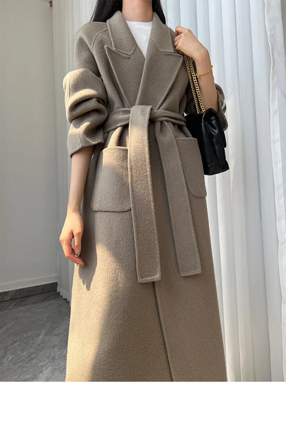 Office Lady Woolen Jackets 2024 Autumn And Winter Bathrobe Style Pocket Double-Sided Loose Lace -Up Tie Women's Long Wool Coats