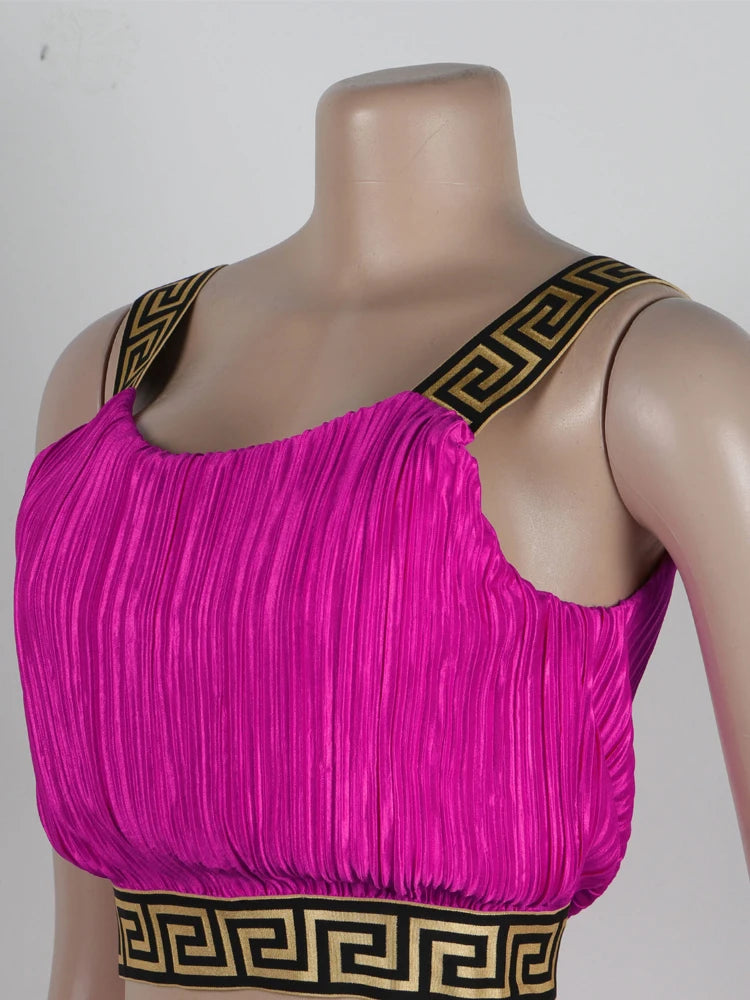 Bonnie Forest Elegant Sleeveless Printed Rcuhed Crop Top And Palazzo Pants Set Chic Tracksuit Female Clubwear Night Club Outfits