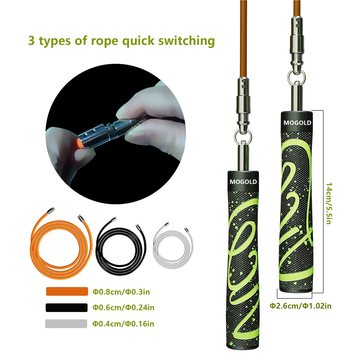 MOGOLD Ergonomic Jump Rope | Non-Slip Handle + Interchangeable Ropes | Pro-Training Essential