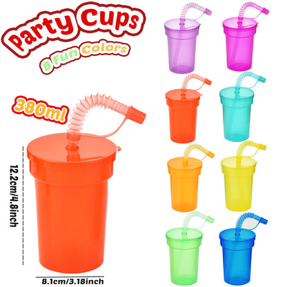 Neon Sipper Cups - Colorful, Spill-Proof Cups with Lids and Straws - Ideal for School Events, Themed Parties, and Birthday Party