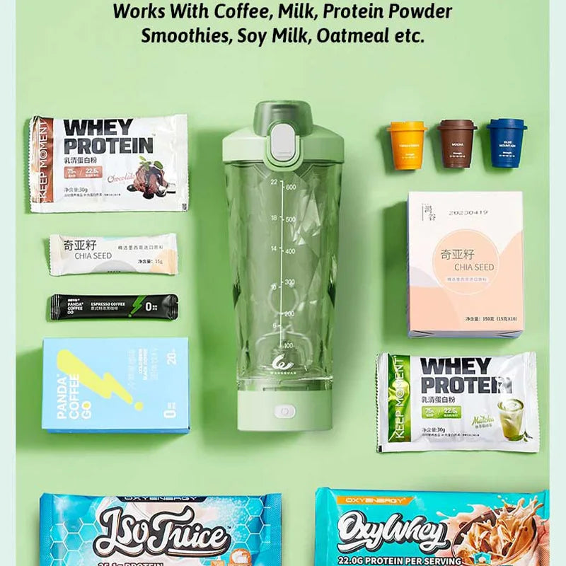 Portable Mixing Cup 600ml Protein Shaker Bottle Fully Automatic Blender Kettle USB Rechargeable Multipurpose for Gym Outdoor