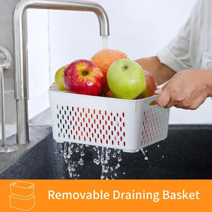 Fridge Food Storage Container Set with Lids with Strainer,Plastic Fresh Produce Saver Vegetable Fruit Meat Organizer