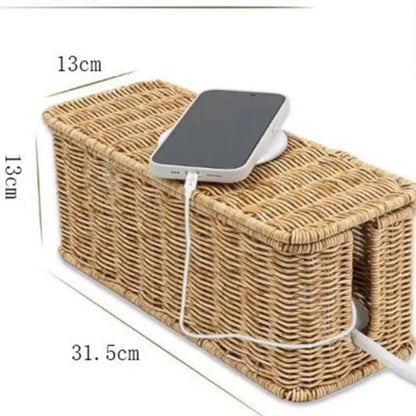 Handwoven Cable Management Box with Lid Hide Power Strip and Router Imitation Rattan Box 2 Open Slots Cord Organizer Hider Box