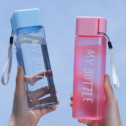 Portable Plastic Water Cup Square Bottle with Hand Strap Milk Cup Creative Frosted Portable Cup Student Sports Water Bottle