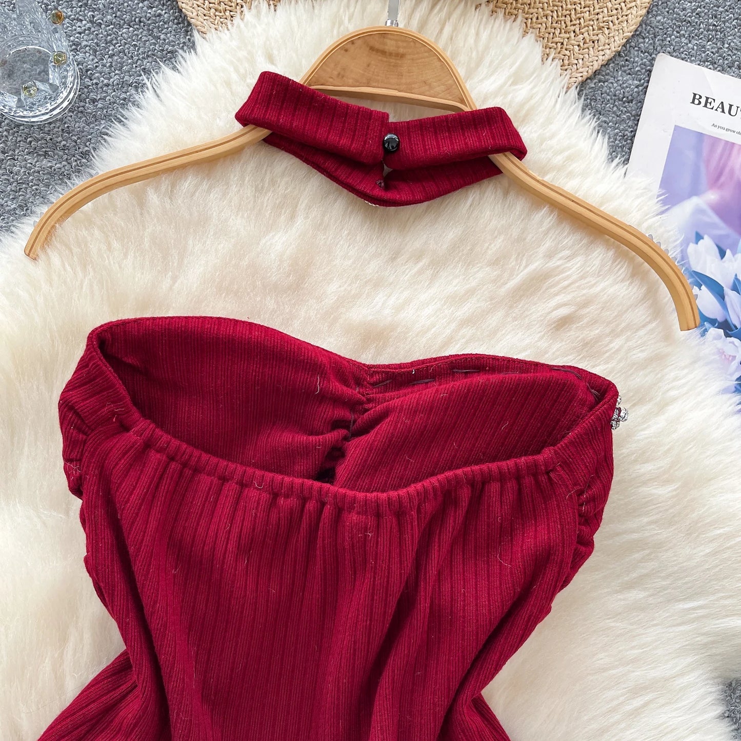 SINGREINY Strapless Sexy Ladies Top Summer Halter Beading Design Split Camisole Korean Skinny Streetwear Hotsweet Tank Top