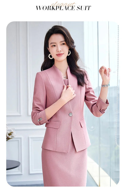 Office Suit Women Collarless Blazer + Vest Dress Set Executive Lady Workwear Elegant 2 Piece Set Long Sleeve Pink Suit Jacket