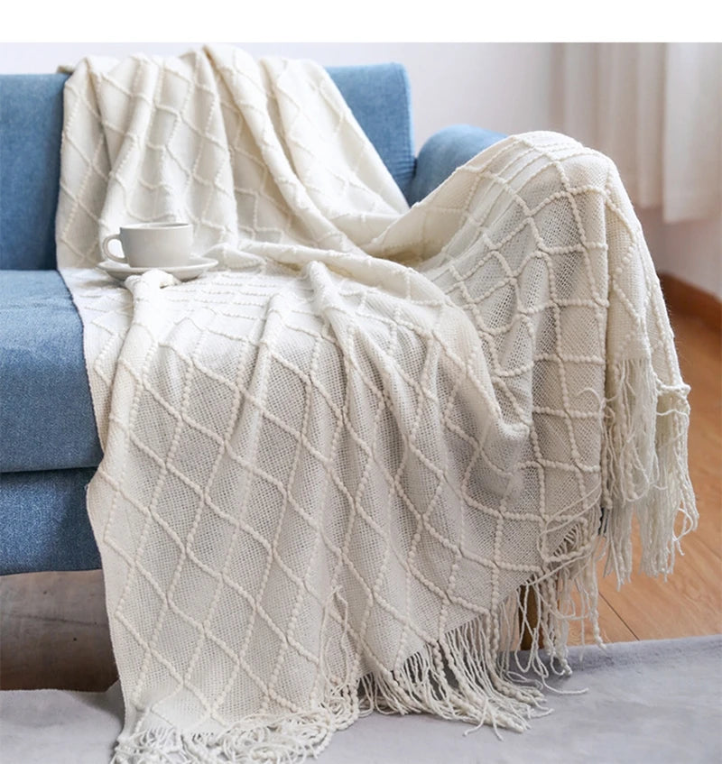 White Oversized Throw Blankets with Tassels 150x230cm Textured Knitted Boho Woven Big Blankets Bedspread Cover Manta Para Sofá
