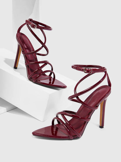 2025 Summer Sexy Ladies High Heels Spaghetti Straps Combination Patent Leather Buckle High Heeled Sandals Women