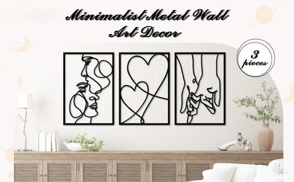 Metal Minimalist Line Wall Art - Valentine's Day Lover Kiss Hand Design, Aesthetic Modern Home Décor, Stylish Hanging Art