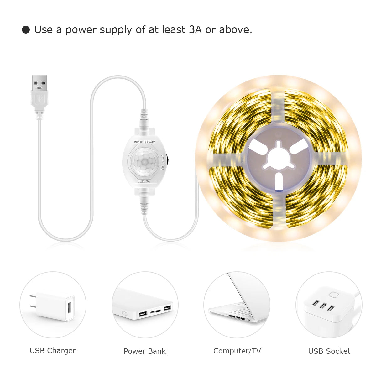 Smart USB 5V SMD 2385 LED Strip Light With Sensitive PIR Motion Sensor Switch Delay Time Adjustable Only Work At Night/Dark