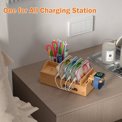 Bamboo Charging Station for Multiple Devices Desktop Organizer for Phones Tablet Wooden Docking Stations