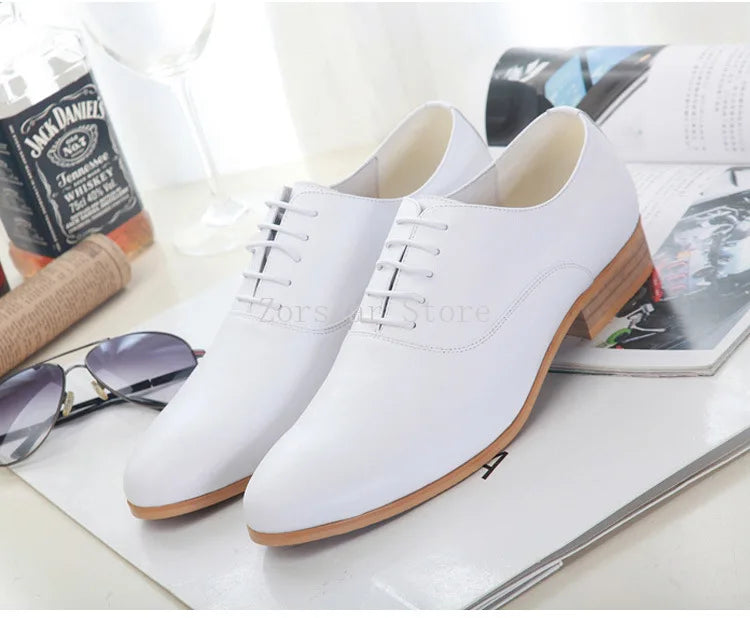 3CM Heels Men Wedding Shoes Genuine Leather White Black Oxford Dress Business Suit Shoe Lace Up Point Toe Formal Shoes Handmade