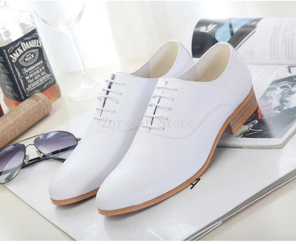 3CM Heels Men Wedding Shoes Genuine Leather White Black Oxford Dress Business Suit Shoe Lace Up Point Toe Formal Shoes Handmade