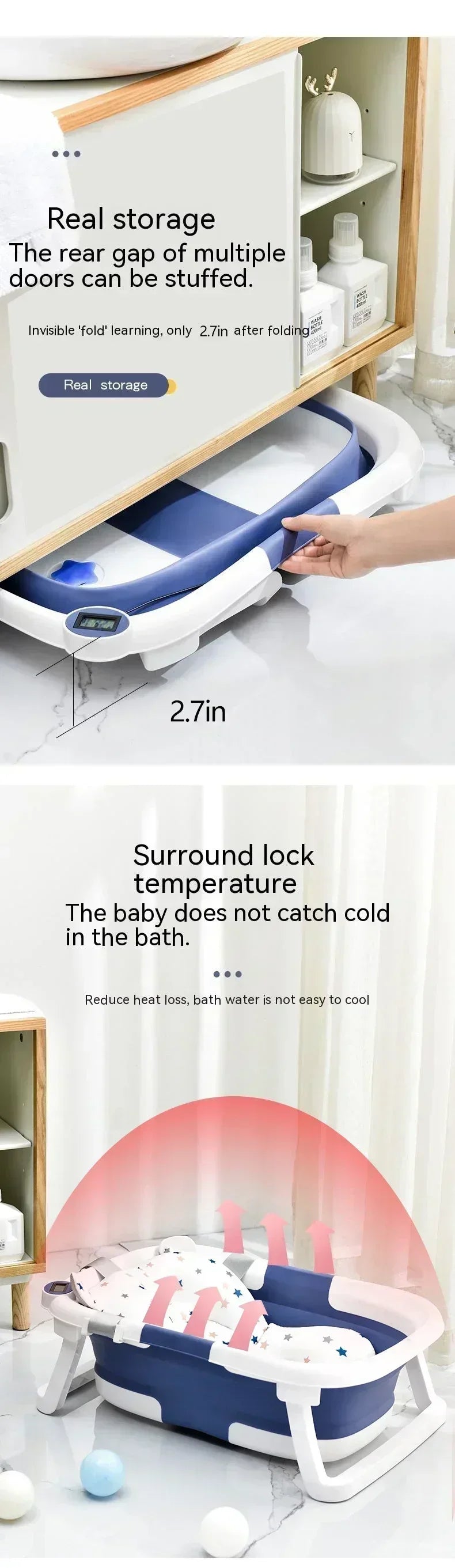 Foldable Baby Bathtub with Temperature Sensor for Newborn Toddlers Children Bathing Sit Lie Down Shower Tray Home Travel Tub