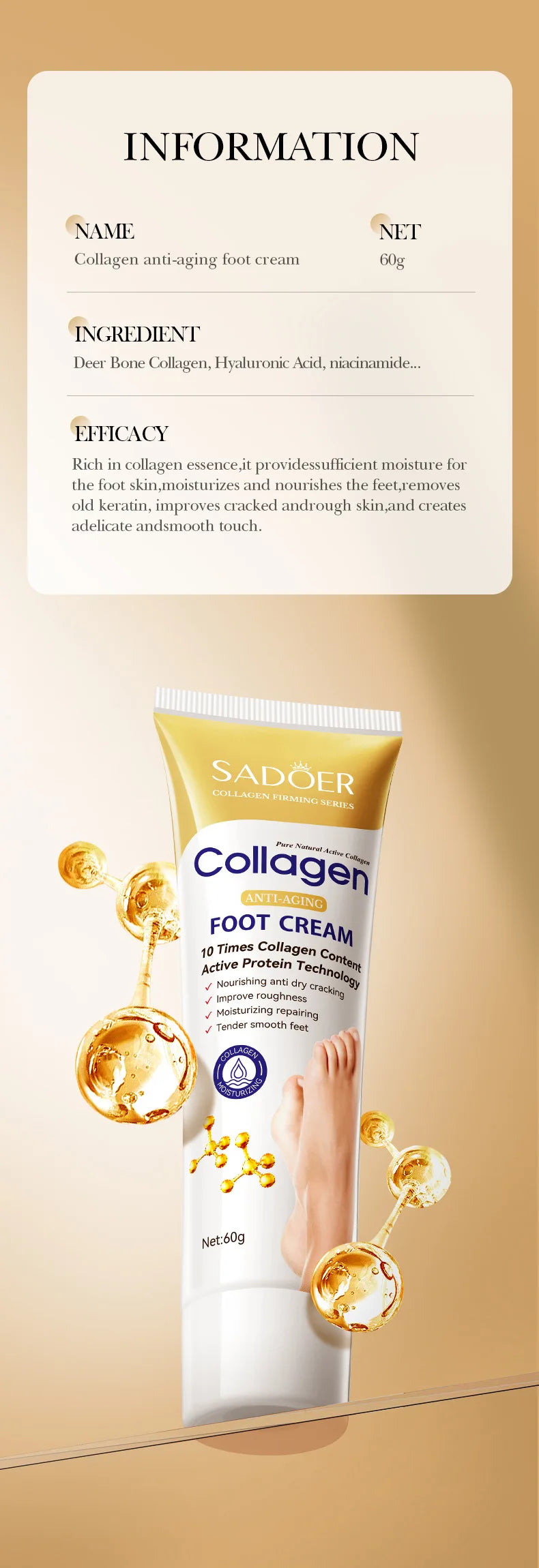 SAODER Collagen Foot Cream Feet skincare Moisturizing Hydrating Firming Nourishing Repairing Feet Creams Foot Skin Care Products