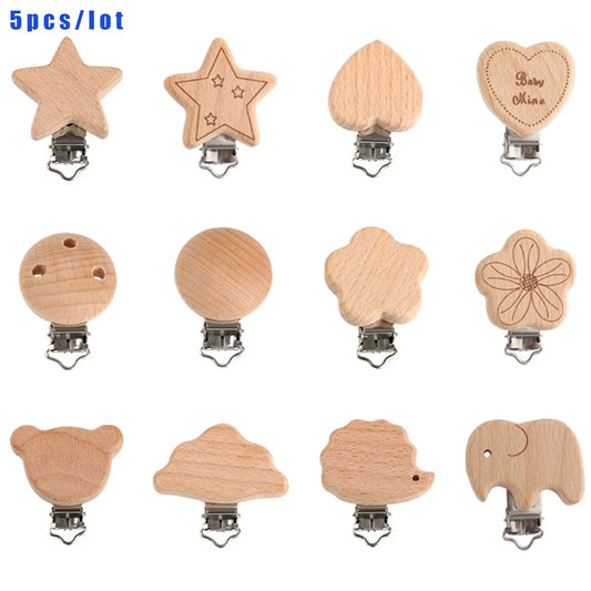 Kovict 5Pcs 19 Styles Beech Wooden Clips Metal Bracket DIY Pacifier Chain Handmade Crafts Accessories